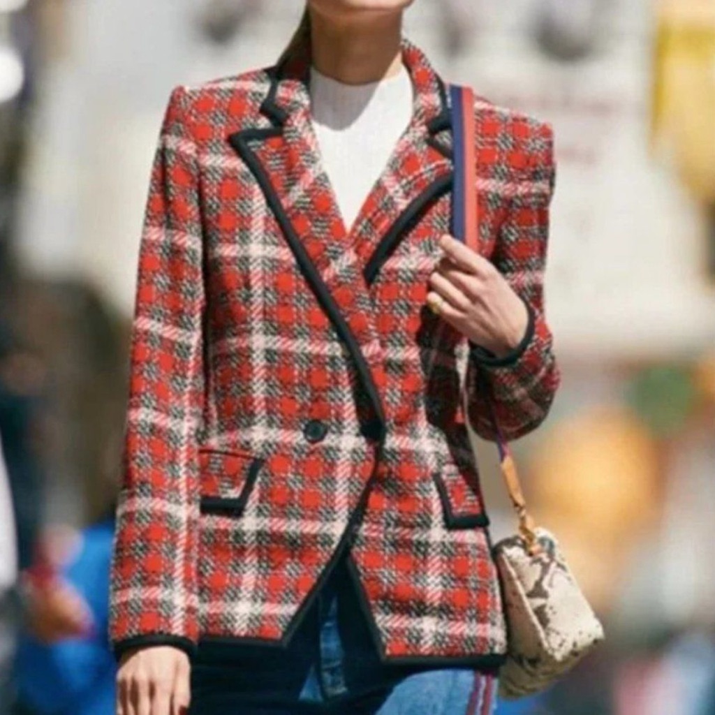 Veronica Beard Harriet Dickey Blazer Red Plaid Trimmed Jacket